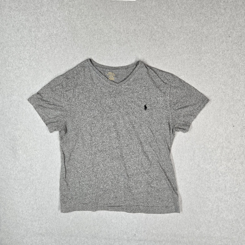 Polo Ralph Lauren Men Shirt L Gray Embroidered Logo Short Sleeve V Neck Pullover